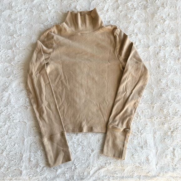 aerie Tops - Aerie Top Shirt Womens Small Tan Ribbed Funnel Neck Long Sleeve Stretch Neutral